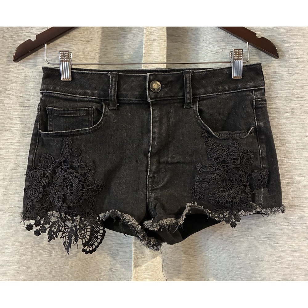 American Eagle Womens Black Frayed Lace High Rise Shortie Shorts Sz 8